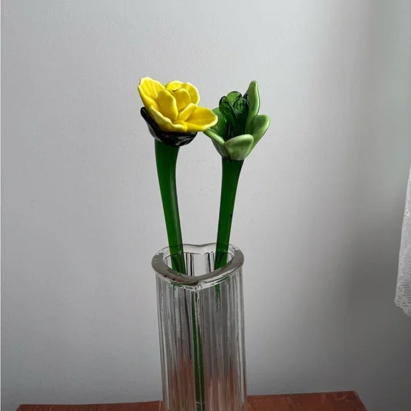 2 Murano Blown Glass 12” Flowers Yellow Green Vintage Decor - Picture 3 of 16